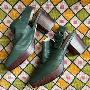 Intentionally Blank green leather platform mules